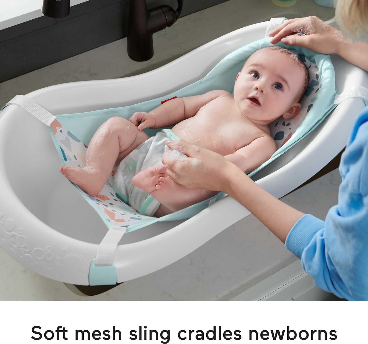 Fisher-Price Baby to Toddler Bath 4-in-1 Sling ‘n Seat Tub with Removable Infant Support and 2 Toys, Pacific Pebble