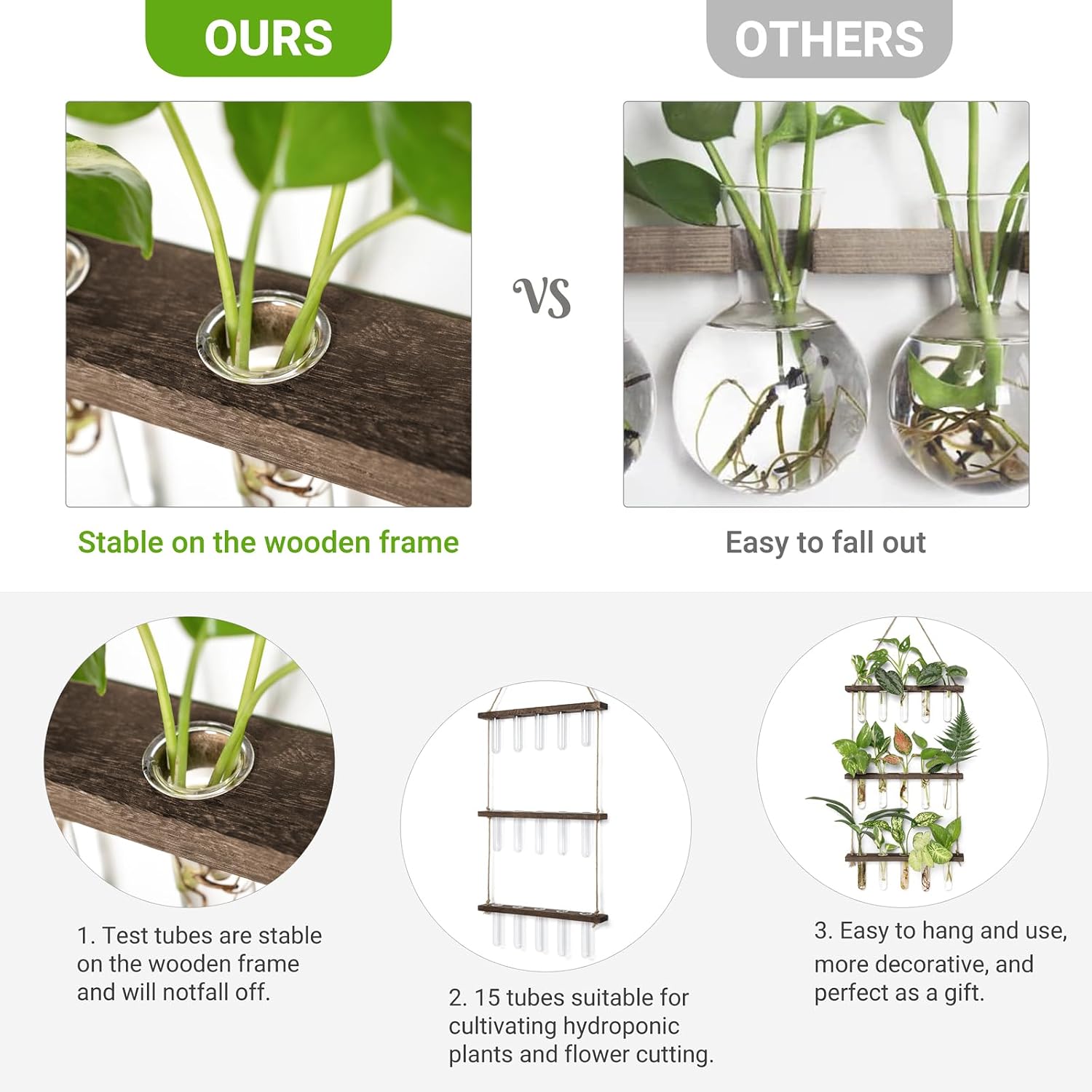 Mkono Plant Propagation Station, 3 Tier Brown Wall Hanging Vase Test Tubes