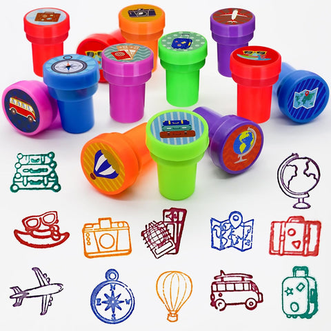 Cinrobiye 24 Pcs Adventure Travel Stampers Party Favor Set Fun Bon Voyage Stamps Birthday Party Supplies Classroom Rewards Carnival Prizes Goody Bag Fillers Pinata Filler Travel Party Gift Set