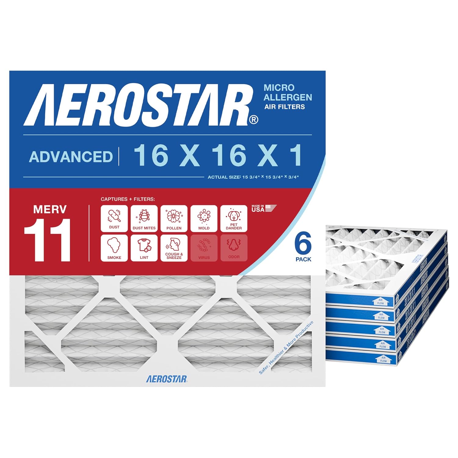 Aerostar Air Filter 16x16x1 MERV 11 AC Filter, HVAC, Furnace Filter, 6 Pack