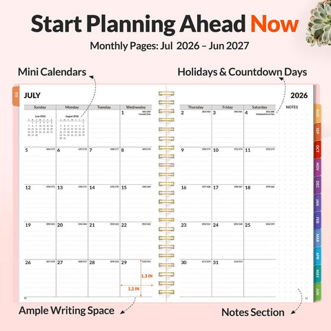 SUNEE Academic Planner 2026-2027 – Weekly & Monthly Planner, July 2026 to June 2027, 6.4"x8.3", Thick Paper, Tabs, Pockets, Bookmark, Spiral-Bound, Student Teacher Organizer, Pink