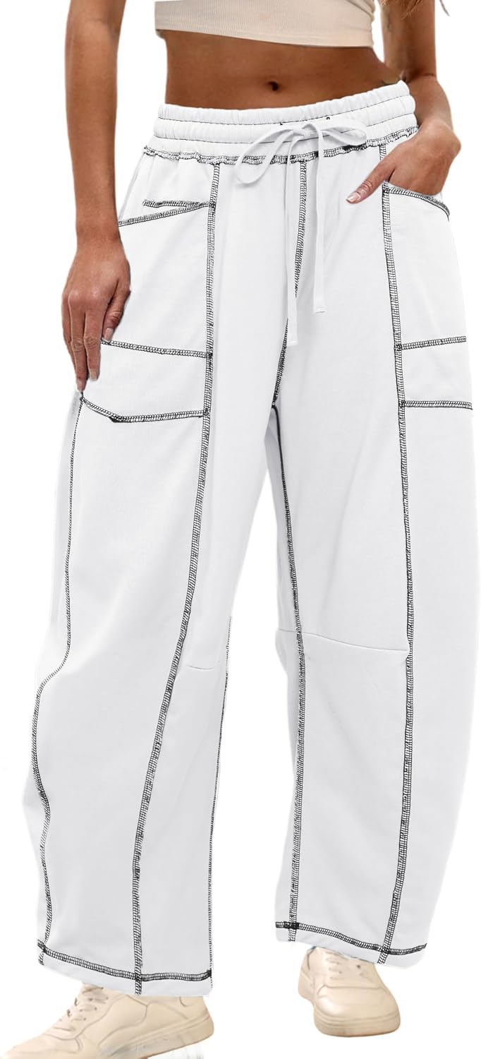 Athlisan Womens Baggy Barrel Pants Wide Leg Lounge Drawstring Sweatpants with Pockets