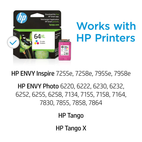 HP 64XL Tri-color High-yield Ink Cartridge | Works with HP ENVY Inspire 7950e; ENVY Photo 6200, 7100, 7800; Tango Series | Eligible for Instant Ink | N9J91AN