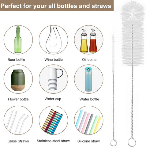 Yolaist 8 Pcs Bottle and Straw Cleaner, Long Deep Nylon Brush with Bendable Stainless Steel Flexible Handles for Bottles, Straws, Pipes, Wine Decanter, Sinks and Cup Cover