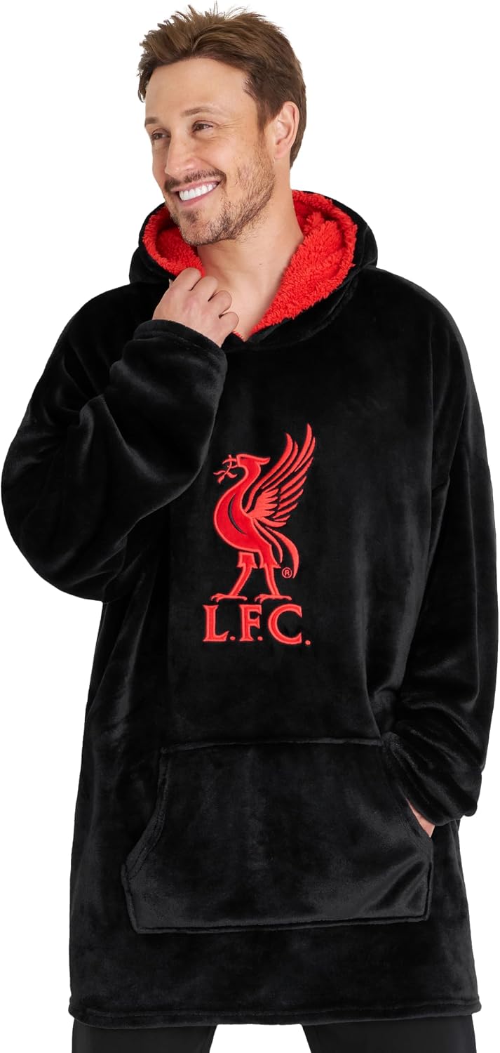 Liverpool F.C. Oversized Hoodie Blanket, Polyester and Sherpa Fleece-Lined Blanket Hoodie, Black Hoodie Blanket with Red LFC Crest, Oversized Blanket Hoodie for Men