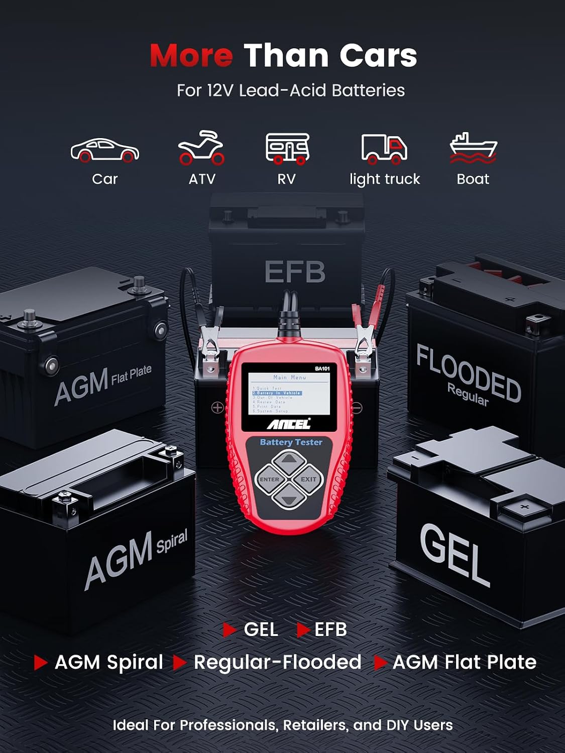 ANCEL BA101 Car Battery Tester, 12V Digital Automotive Alternator Meter Diagnostic Tool,100-2000 CCA Load Capacity, Charging & Cranking Analyzer for Truck, Boat, RV, Marine Vehicle, and More