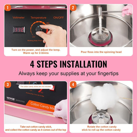 VEVOR Cotton Candy Machine Commercial, 1000W Electric Floss Maker with Cover, Stainless Steel Bowl, Sugar Scoop, Storage Drawer, Perfect for Home, Carnival, Kids Birthday, Family Party, Pink