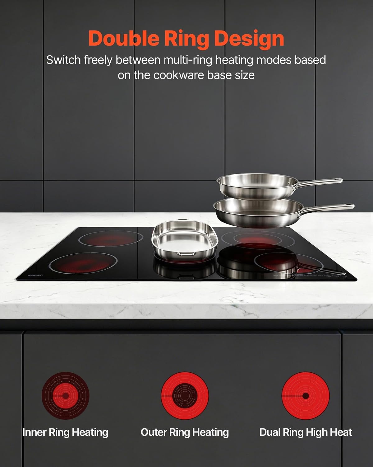 VEVOR Built-in Electric Cooktop, Ceramic Glass Radiant Stove, Touch Control, 9 Power Levels, Timer, Child Lock, Smooth Ceramic Surface, 30in, 5 Burners, 8900W, 220V