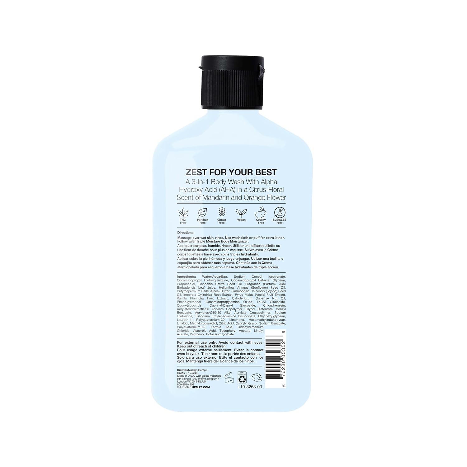 Hempz Triple Moisture Body Wash - Grapefruit & Peach - Hydrating for Sensitive Skin, Scented, Exfoliating with Shea Butter, Pure Hemp Seed Oil, and Algae for Sensitive Skin - 17 fl oz