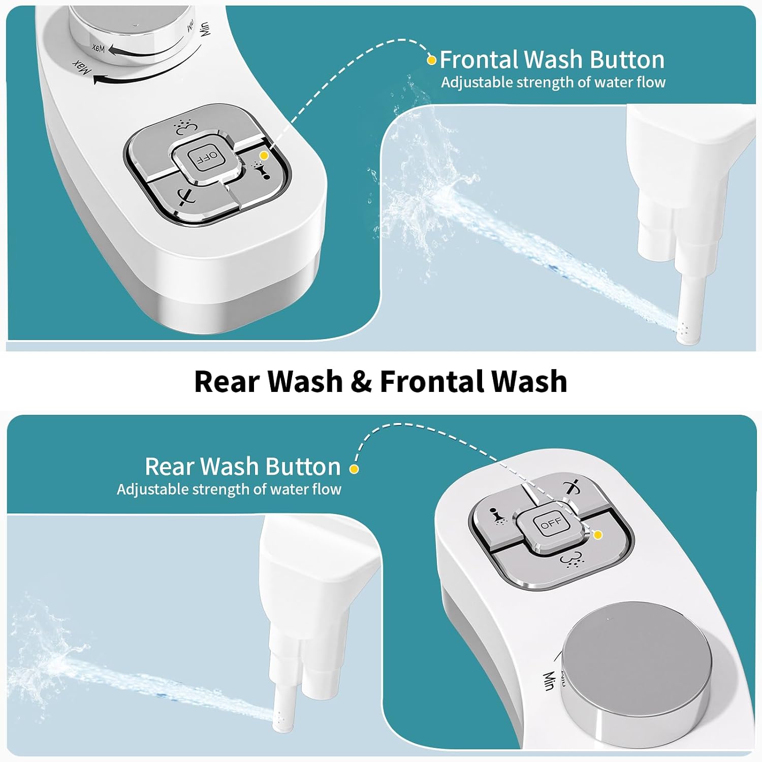 Bidet Attachment for Toilet, Dual Nozzle (Frontal and Rear Wash) Non-Electric Fresh Water Toilet Seat Attachment with Nozzle Self Cleaning, Adjustable Water Pressure(Chrome Silver)