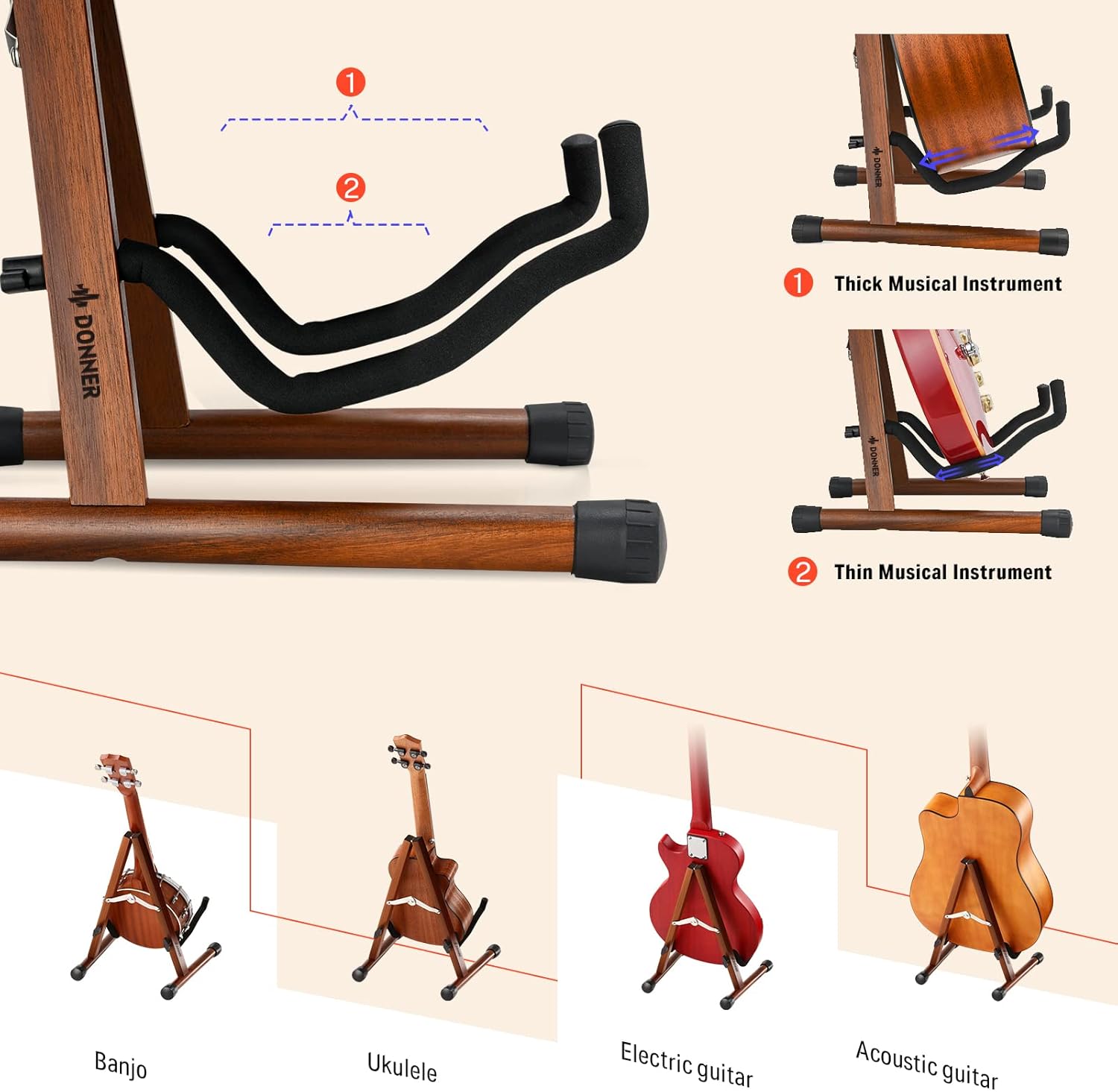 Donner Wood Guitar Stand, Acoustic Electric Wooden Guitar Floor Stand, A Frame Folding Guitar Holder Adjustable for Bass, Cello, Mandolin, Banjo, Ukulele