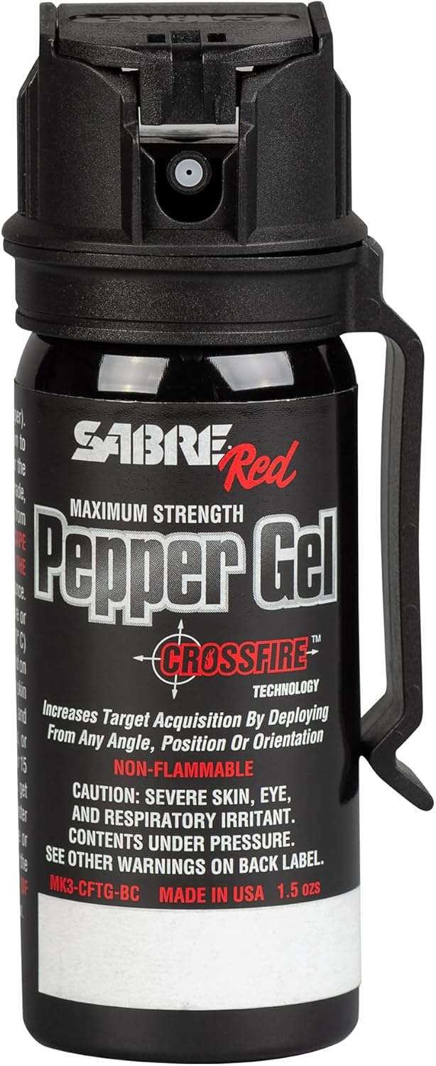 SABRE Crossfire Pepper Gel - 360° Spray for Defense at Any Angle, Maximum Strength Police-Grade OC Pepper Spray with UV Marking Dye, 20‑Foot Tactical Range, Fast Flip Top Safety, Belt Clip, 1.5 fl oz