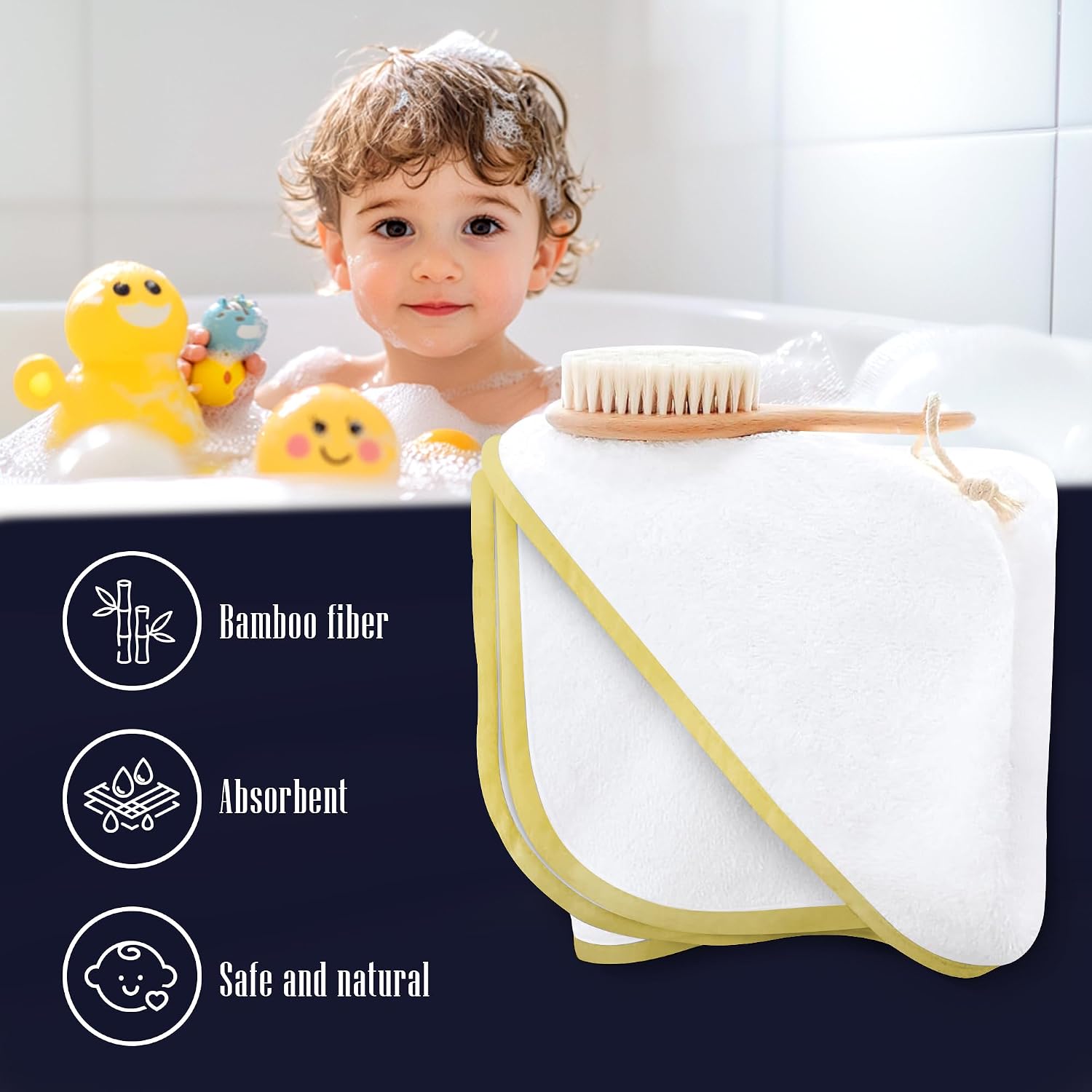 2 Pack Premium Baby Bath Towel - Rayon Made from Bamboo, Hooded Towels for Babies,Toddler,Infant - Newborn Essential -Perfect Baby Registry Gifts (White and Yellow, 30 x 30 Inch)