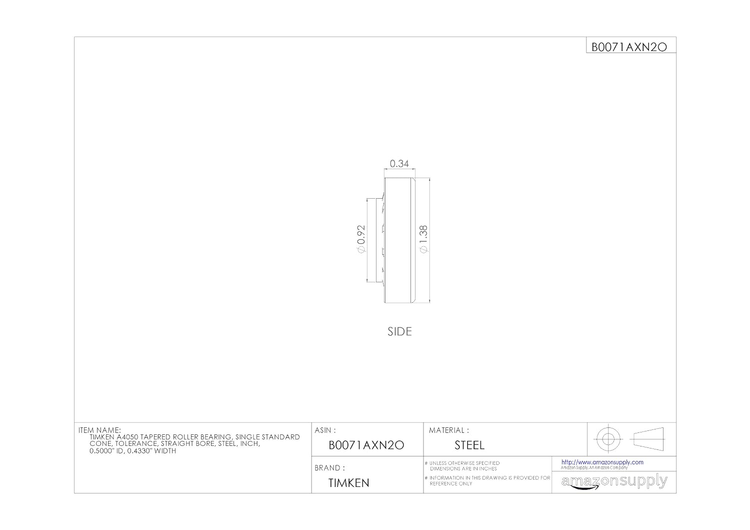 Timken A4050 Tapered Roller Bearing, Single Cone, Standard Tolerance, Straight Bore, Steel, Inch, 0.5000" ID, 0.4330" Width