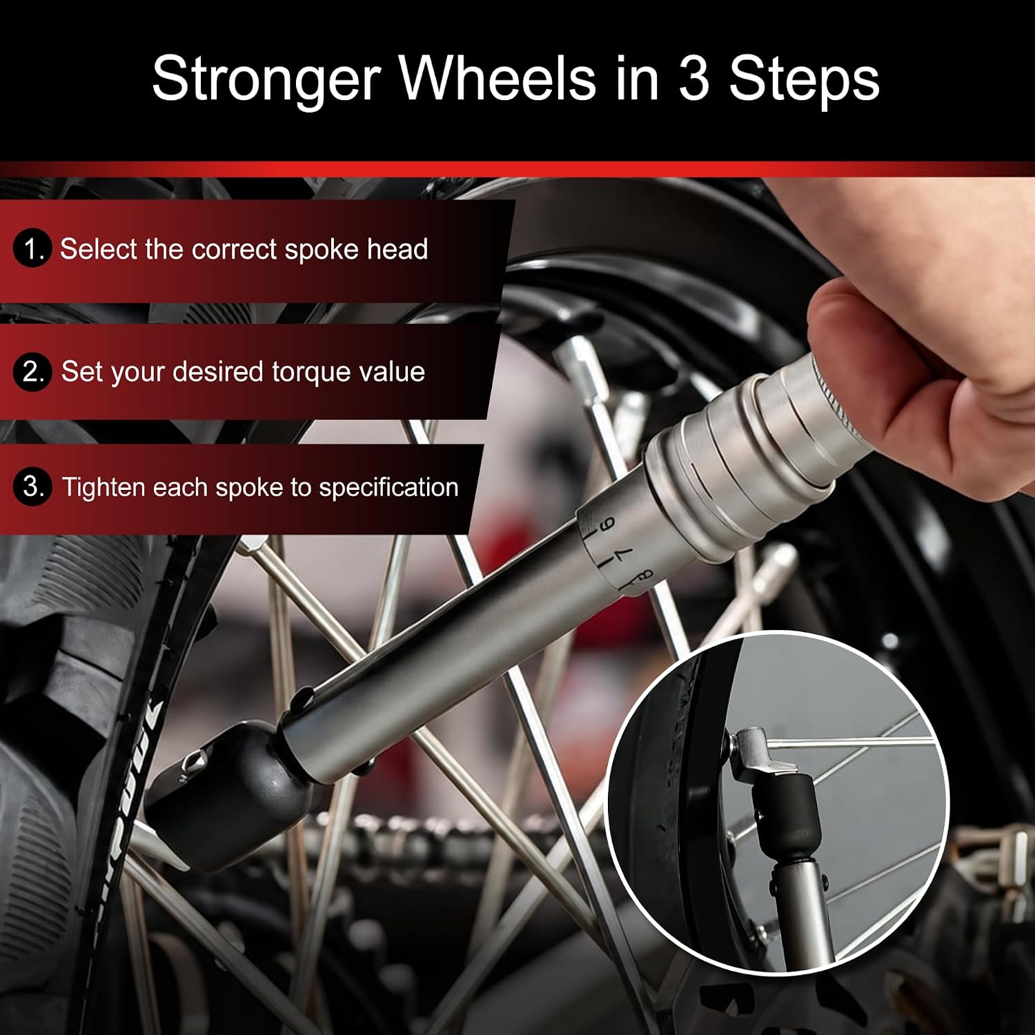 TUSK Spoke Torque Wrench Kit Adjustable 30-150 in-lb with 5 Heads