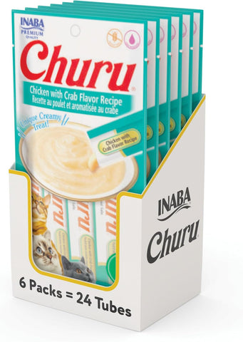 INABA Churu Cat Treats, Lickable, Squeezable Creamy Purée Cat Treat with Green Tea Extract & Taurine, 0.5 Ounces Each Tube, 24 Tubes (4 per Pack), Chicken with Crab Recipe
