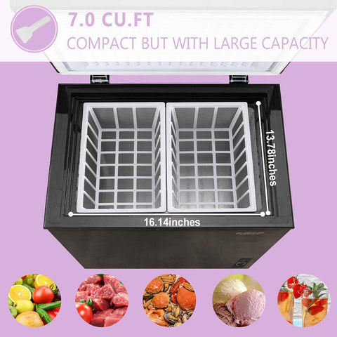 KRIB BLING Compact Chest Freezer with Removable Basket, 7.0 Cu.ft Top Door Open Freestanding Deep Freezer with 7 Gears Temperature Adjustment, Ideal for Home, Kitchen & Office, Black