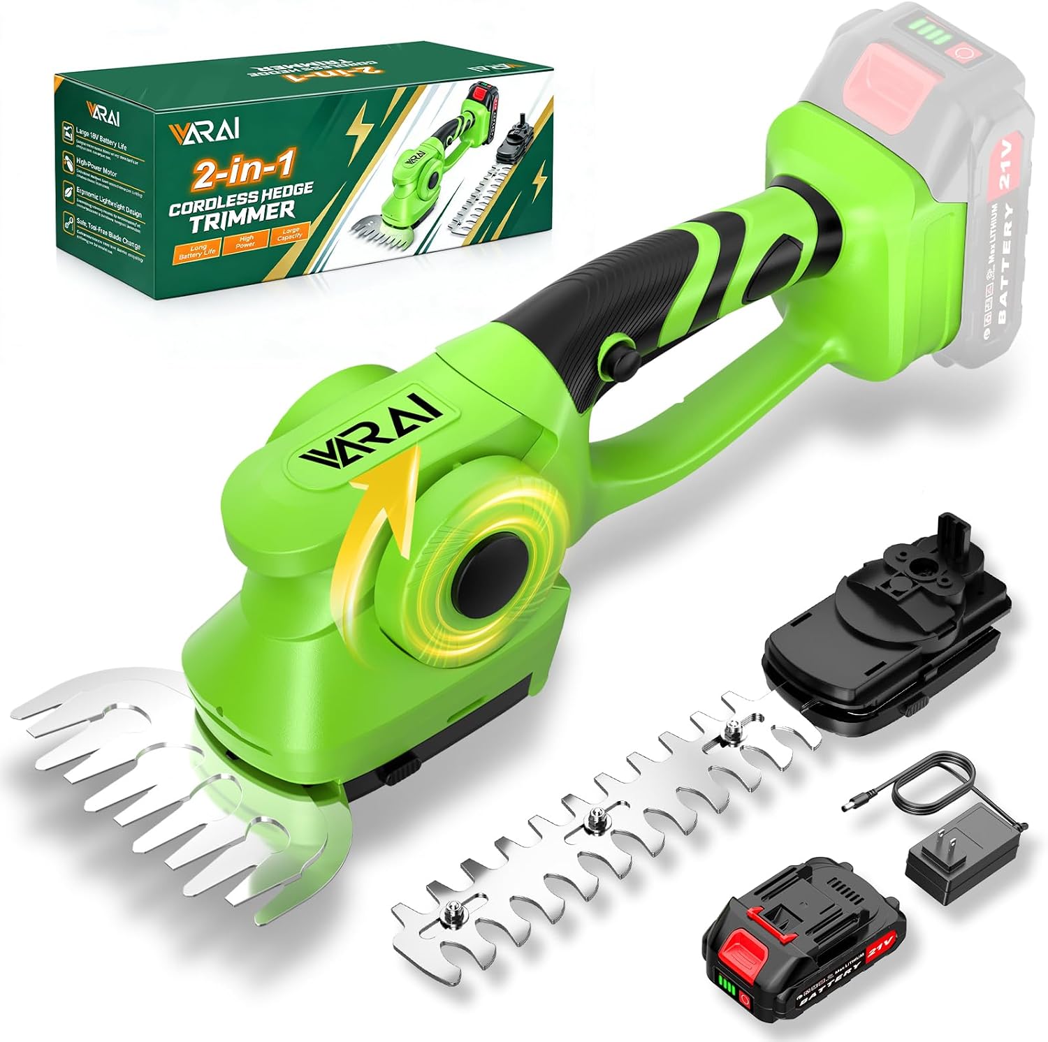 2-in-1 600W 21V Cordless Hedge Trimmer, Green