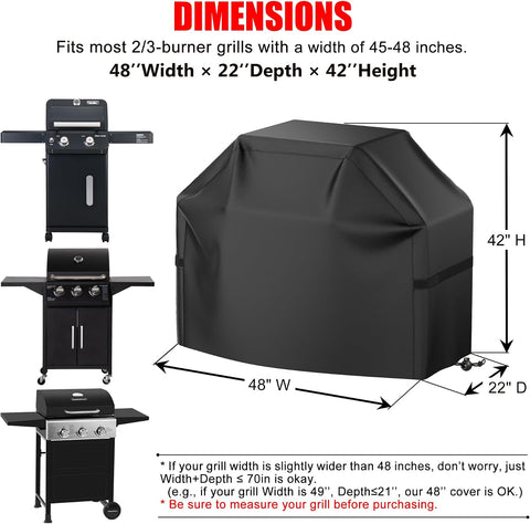 BBQ Grill Cover, Waterproof, Weather Resistant, Rip-Proof, Anti-UV, Fade Resistant, with Hook-and-Loop Straps, Gas Grill Cover for Most Grills, 48 inch, Black