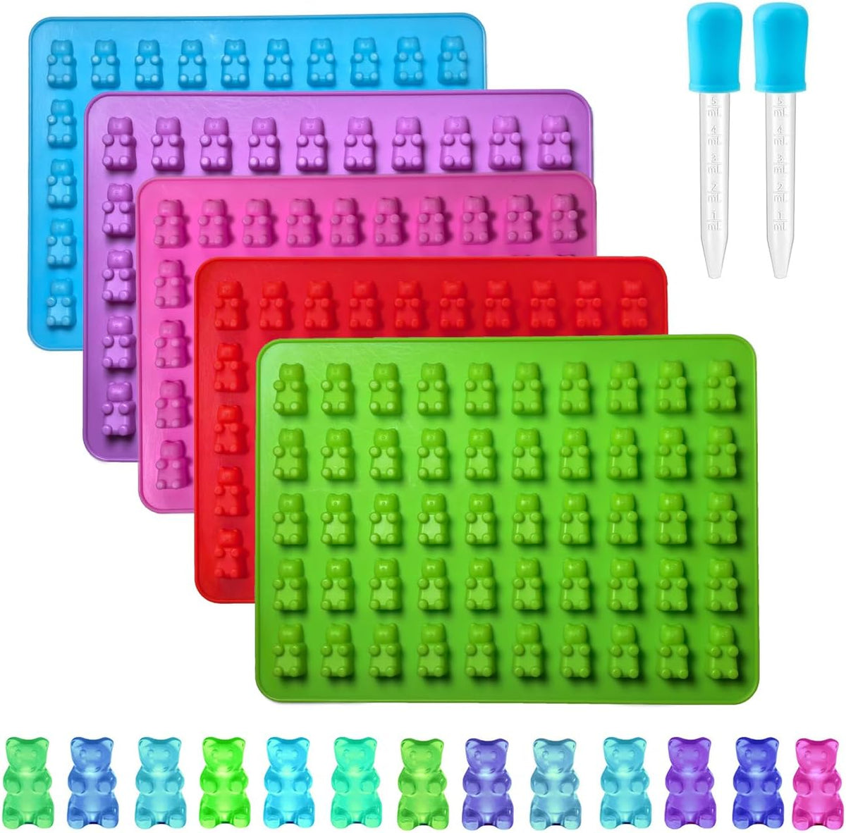 5Pcs Gummy Candy Molds - Silicone Gummy Mini Bear Molds with 2Pcs Dropper,Non-stick and Bpa Free for Candy Chocolate Gummies Baking
