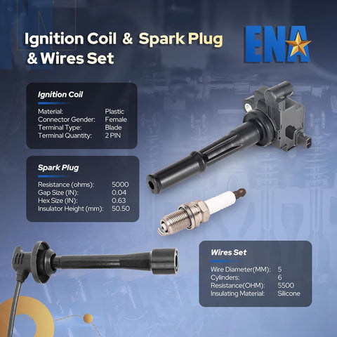 ENA Set of 3 Ignition Coil with 6 Platinum Spark Plug and Wire Set Compatible with Toyota 4Runner T100 Tacoma Tundra 1995-2004 3.4L Replacement for UF156 C1041 90919-02212 5C1308 E679