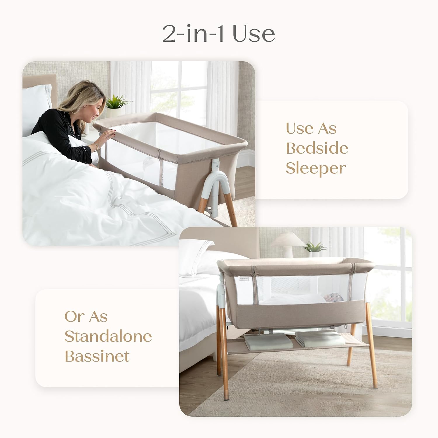 Delta Children Bondi Adjustable Height Bedside Beechwood Bassinet with PureAir Mesh Sheet and FSC-Certified Wood, Tan