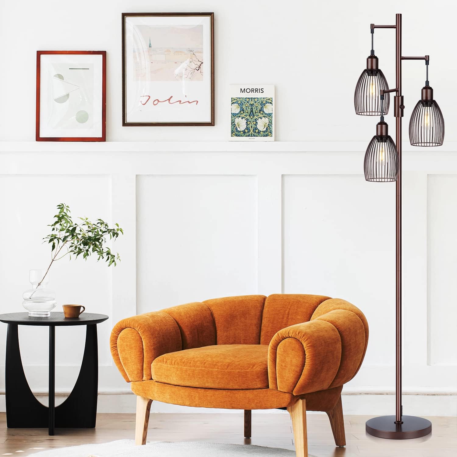Torondo Dimmable Floor Lamp, Industrial Floor Lamps for Living Room, Brown Tree Lamp Standing Lamp Tall Lamps with 3 Elegant Teardrop Cage Head & 800 Lumens LED Bulbs for Living Room Bedroom Office