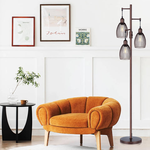 Torondo Dimmable Floor Lamp, Industrial Floor Lamps for Living Room, Brown Tree Lamp Standing Lamp Tall Lamps with 3 Elegant Teardrop Cage Head & 800 Lumens LED Bulbs for Living Room Bedroom Office