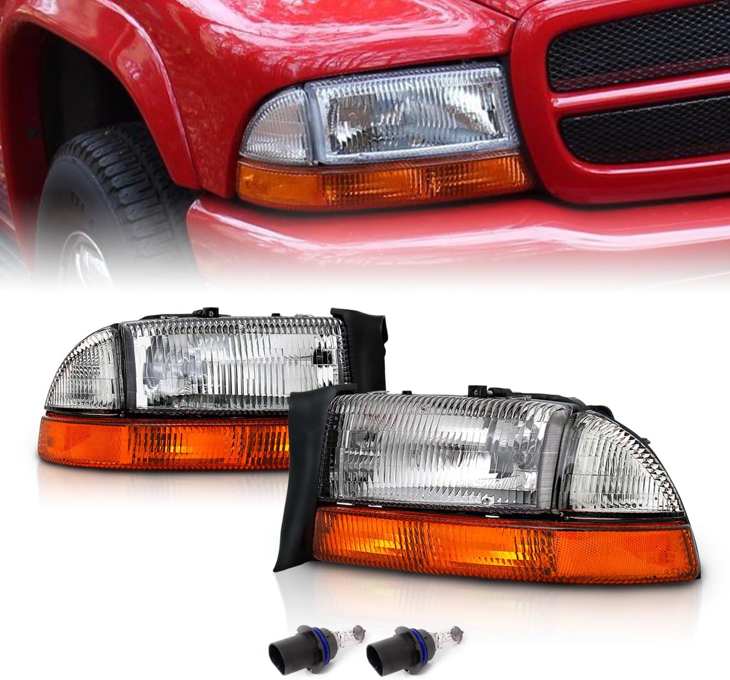 AmeriLite for 1997-2004 Dodge Dakota/Durango Chrome Replacement Headlights 4Pc Sets Parking Turn Signal (Pair) w/Mounting Bracket