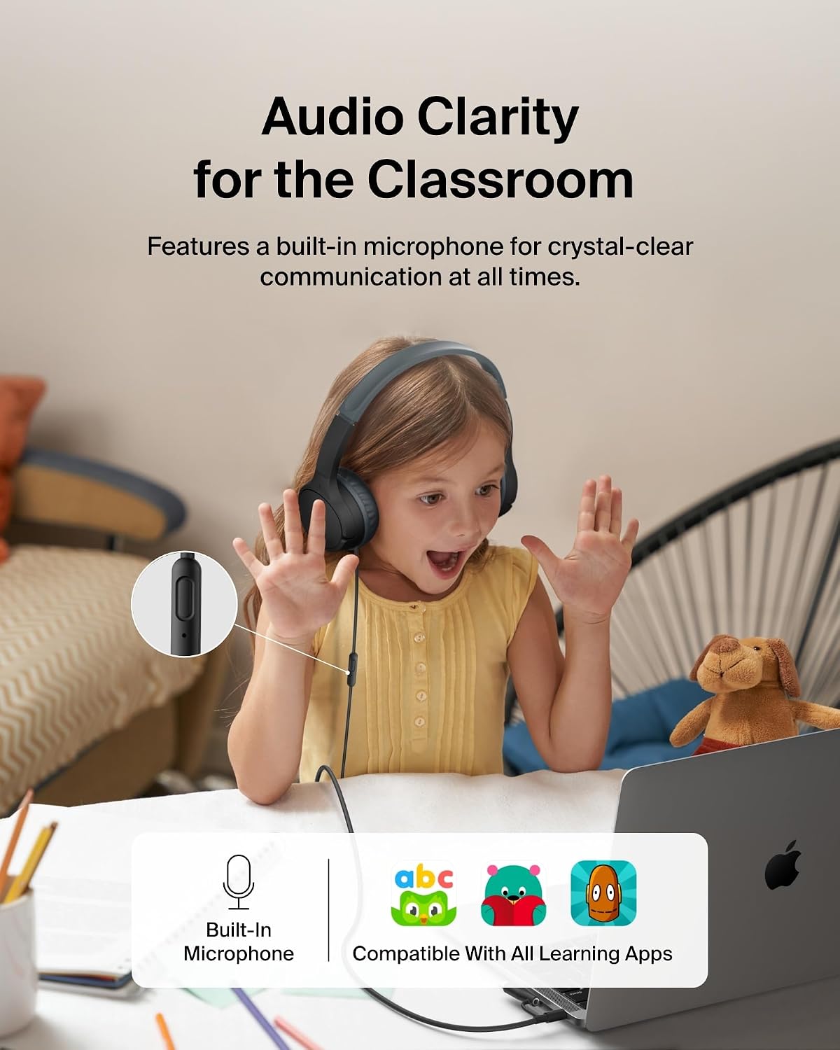 Belkin SoundForm Mini Wired Kids Headphones, On Ear, USB C to 3.5mm Adapter