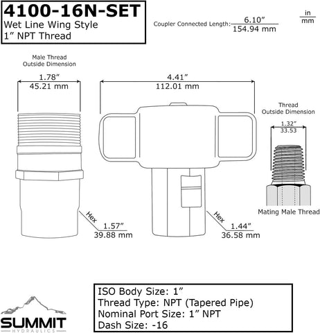 Summit Hydraulics 1" NPT Wet-Line Wing Nut Hydraulic Quick Disconnect Coupler/Coupling Set