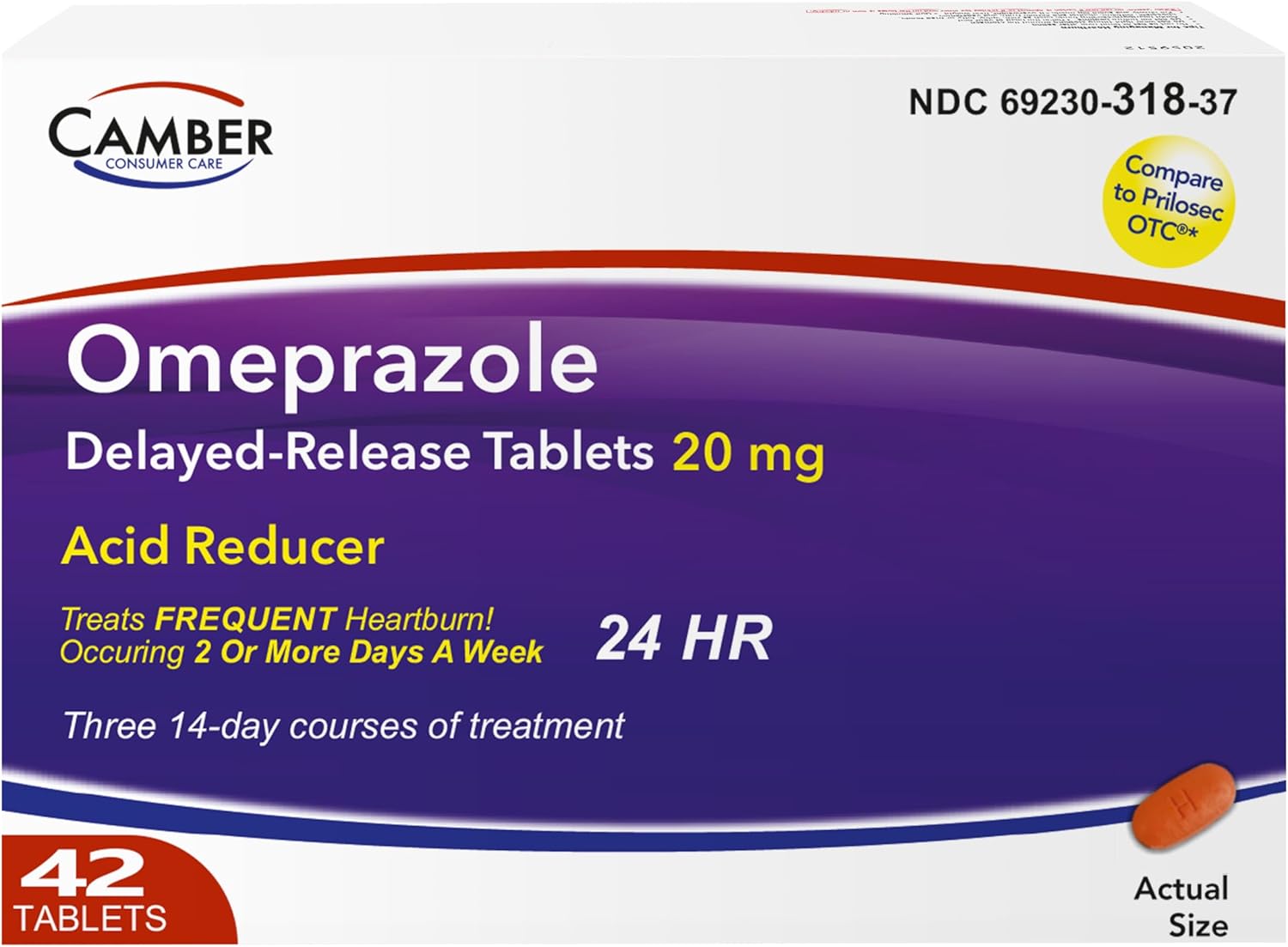 Camber Omeprazole 20mg Delayed-Release Tablets, Heartburn and Acid Reducer Reflux Medicine (42 Count)