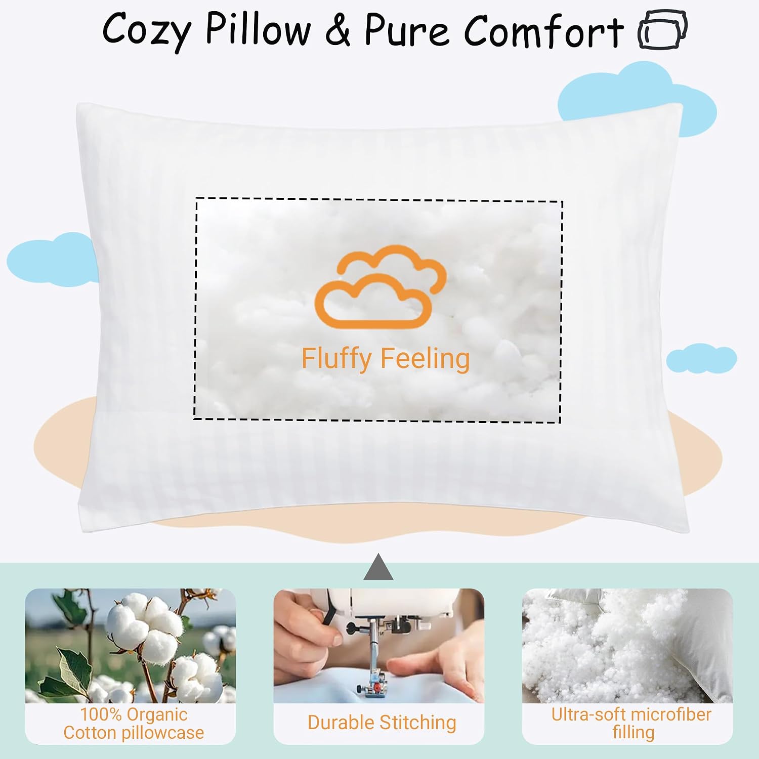 ZPECC Toddler Pillow with Pillowcase - 13x18 Organic Cotton Hypoallergenic Kids Pillow, Baby Essentials for Travel Crib Daycare Stroller (Intended for Age 2 and up) White Stripe