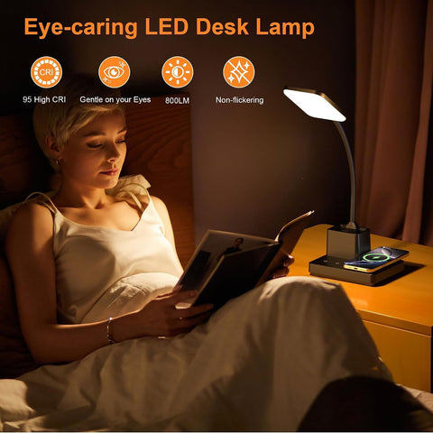 Wireless Charging Desk Lamp USB Charging & Pen Holder, Matte Black
