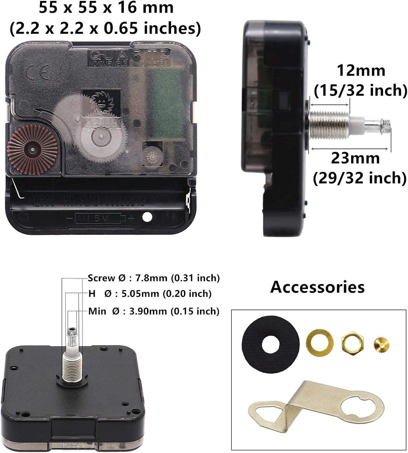 Youngtown 12888 Clock Movement 15/32" Thread Battery Replacement Gold hands
