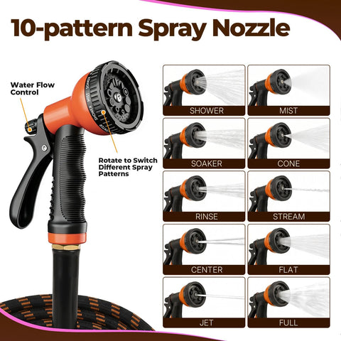 Garden Hose 50 ft, 2026 Upgraded Kink Free Flexible Water Hose 50ft With 10 Pattern Spray Nozzle, Leak-Proof, Portable, Ultra Lightweight & Durable Garden Hose for Yard, Lawn, Outdoor (Black & Orange)