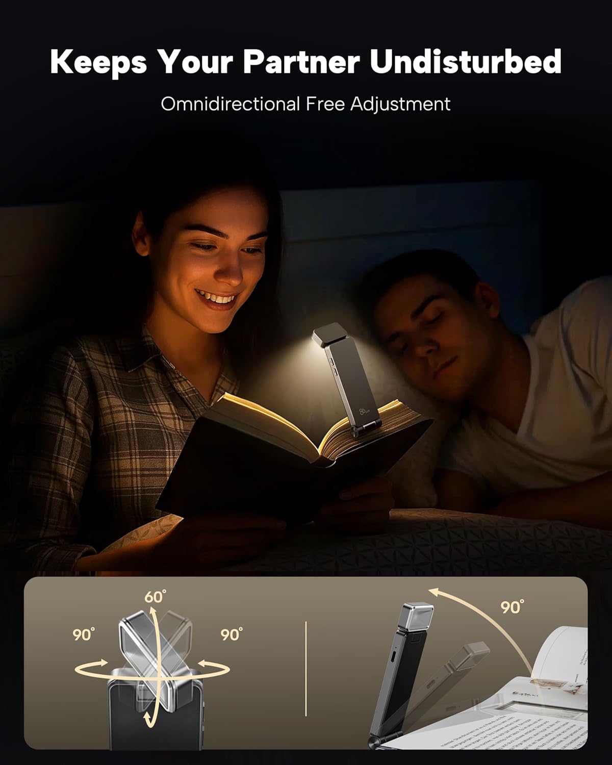 86lux Book Light, Rechargeable Clip-On LED Reading Light for Bed