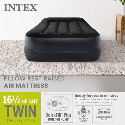 Intex Raised Airbed Mattress with Built-in Pump, Dura-Beam Plus Pillow, Twin - Portable Inflatable Luxury Blow-Up Bed for Adults, Camping, Guests