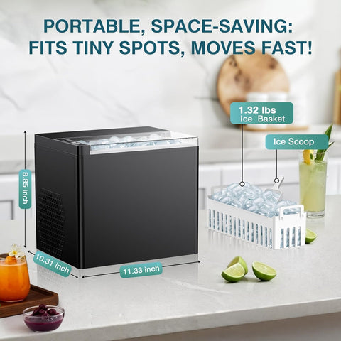 Countertop Ice Makers Machine, Portable Ice Machine Producing 9 Ice Cubes Within 6 Mins, Bullet Ice Available in Two Sizes(S/L), Compact Mini Ice Maker Appliance for Home Kitchen Camping (Soot)