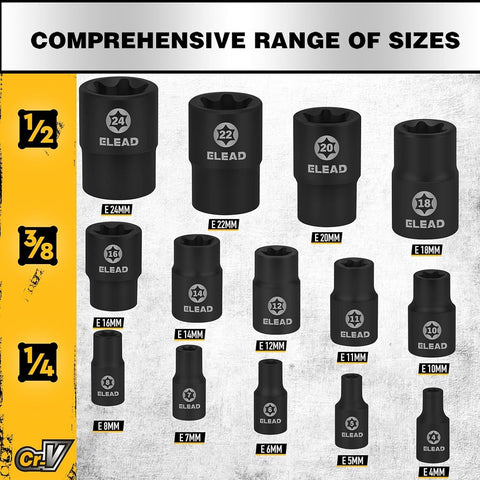 17-Piece Inverted E-Torx Socket Set - Premium Impact Cr-V Steel E4 - E24 Star Female Sockets for Impact Wrench 1/2 3/8 1/4 Drive Precision Torque Kit with Storage Case