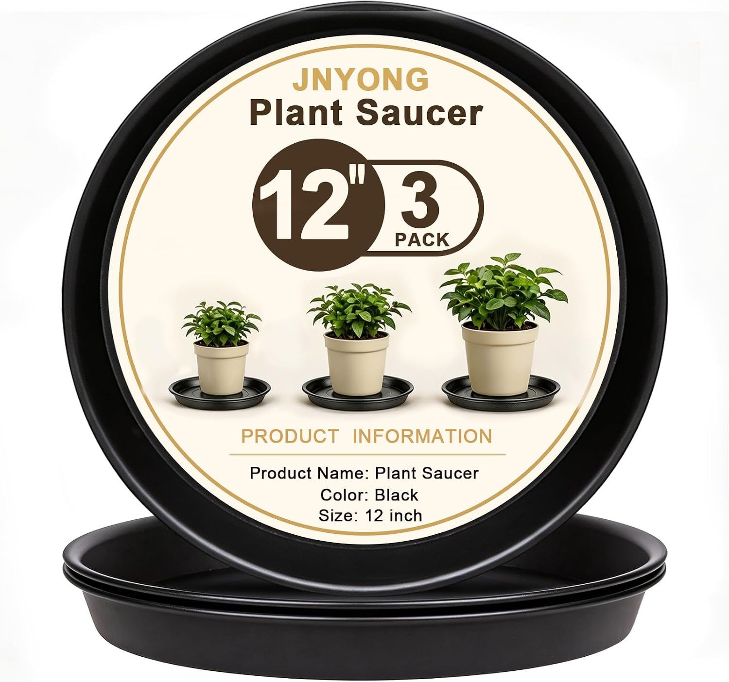 JNYONG 12inch 3 Pack Black Circular Plant Saucer Tray