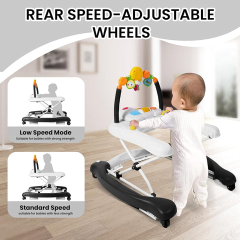 Boyro Baby Baby Walker, 5-in-1 Black Baby Walkers for Boys and Girls 6-12 Months with Bouncer, Removable Footrest, Feeding Tray & Music, Foldable & Adjustable Walker for 6-18 Months Toddler Infant