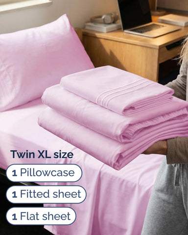 Twin XL 3 Piece Sheet Set - College Dorm Room Essentials - Light Pink