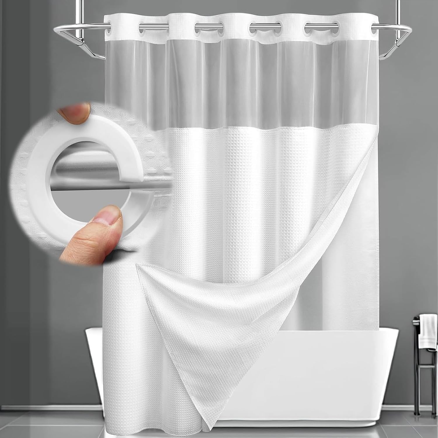 No Hook Shower Curtain with Liner Set Hotel Waffle Curtain White 72W X 75L