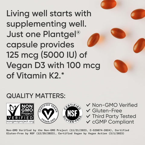 Sports Research® Vegan Vitamin D3 + K2 w/Coconut Oil, 60 Count Plantgels™