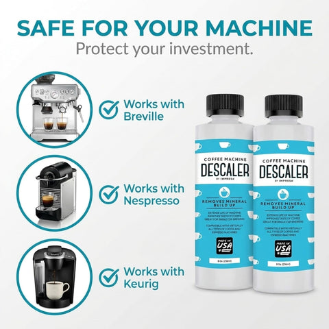 IMPRESA Coffee Machine Descaler (2 Uses Per Bottle) - Made in the USA - Universal Descaling Solution, Compatible with Nespresso, Delonghi and All Single Use Coffee and Espresso Machines