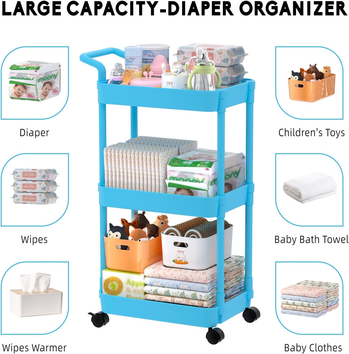 Volnamal Diaper Caddy, 3 Tier Rolling Cart for Baby Essentials, Blue