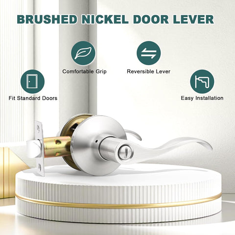 GOBEKOR 1 Pack Privacy Door Levers Brushed Nickel Lever Door Handles Interior for Bedroom and Bathroom Door Locks Wave Door Handles