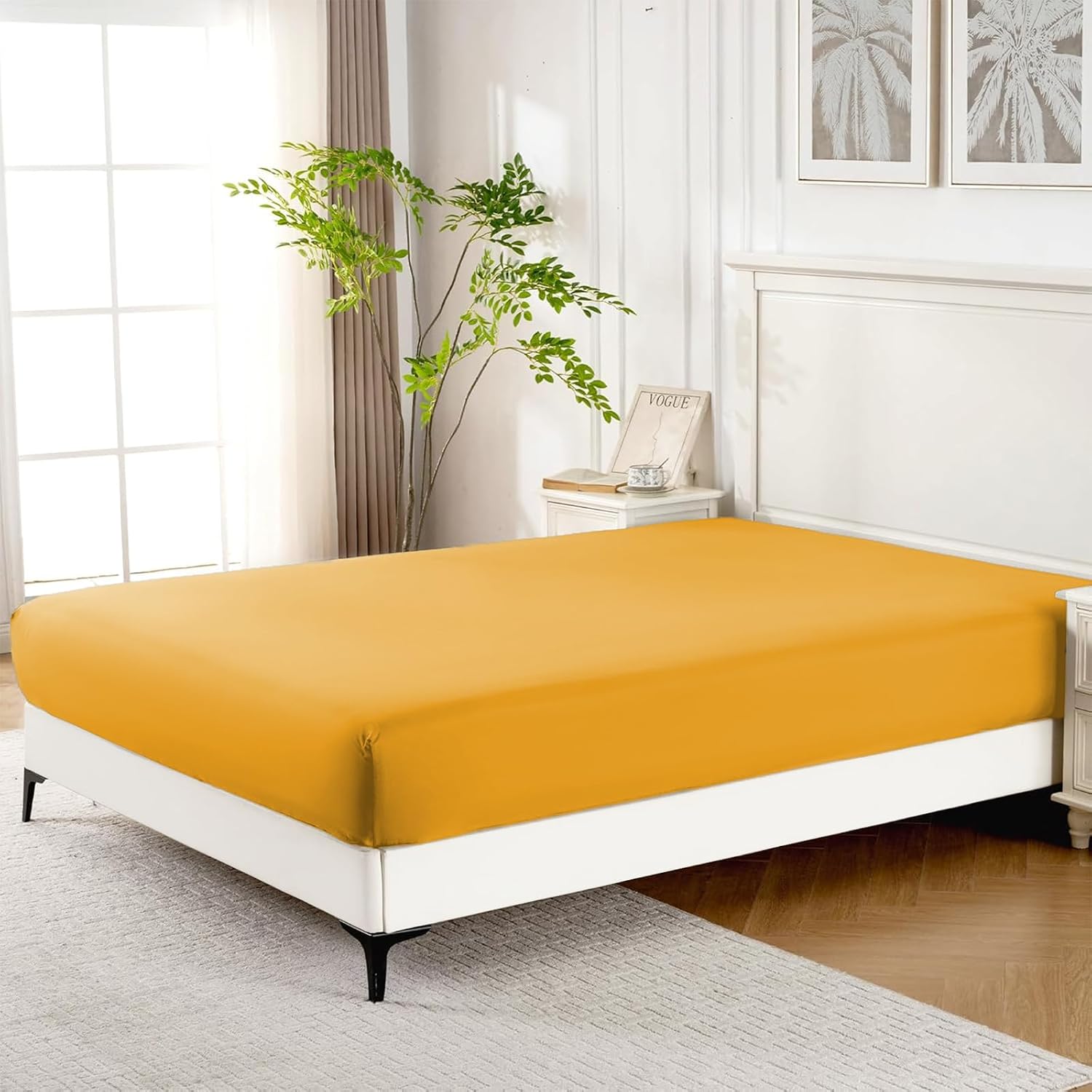 ROSE&RISY Lemon Yellow Queen Fitted Sheet, Soft and Breathable for Cozy Sleep, Cooling Fitted Sheet, 16“ Deep Pocket, 1 Pack (Lemon Yellow, Queen Size)