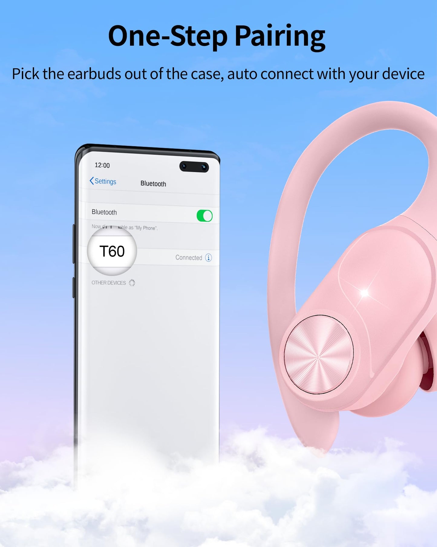 Bluetooth Headphones Wireless Earbuds 80hrs Playtime Wireless Charging Case Digital Display Sports Ear buds with Earhook Premium Deep Bass IPX7 Waterproof Over-Ear Earphones for TV Phone Laptop Pink